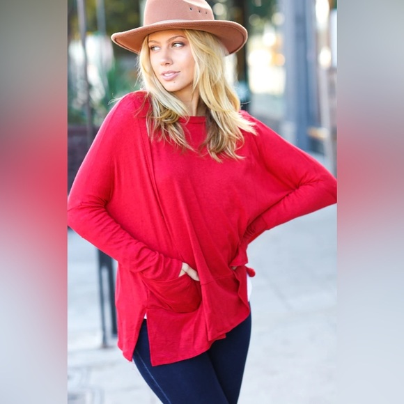 Going My Way Red Hacci Dolman Pocketed Sweater Top - Picture 1 of 6